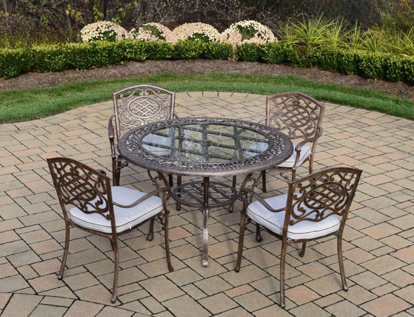 Mississippi Cast Aluminum 5 Pc. Patio Dining set with 48 inch Round Table 4 Cushioned Stackable Arm Chairs Antique Bronze